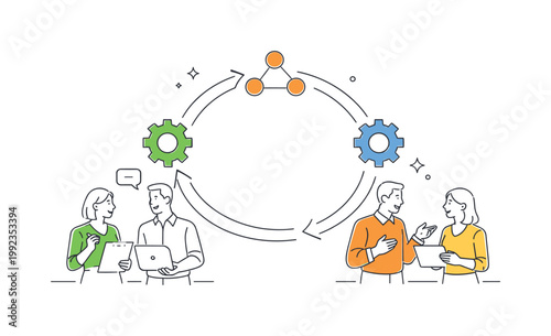 Organizational alignment and continuous workflow in a modern workplace where processes and people are interconnected in a balanced system, illustrated by a circular loop