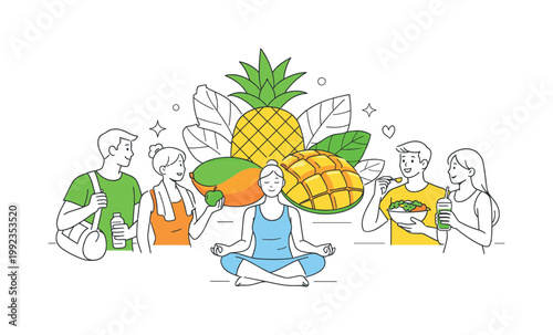 Healthy lifestyle and balanced nutrition in a modern wellness context where individuals choose fresh and natural food options for daily energy, represented by a clear