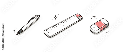 Simple desk minimal tools theme a horizontal row of 3 related hand-drawn objects on a white background: a basic pen with a tiny red dot near the tip, a simple ruler