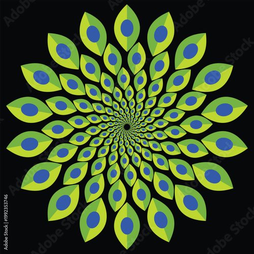 Abstract green floral mandala spiral pattern, blue leaf symmetry, geometric circular ornament, modern vector illustration.