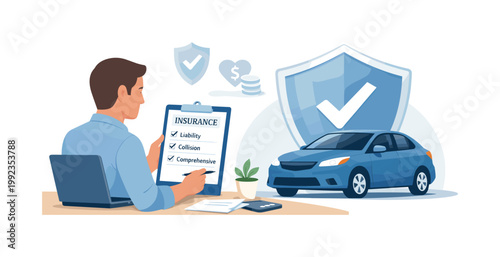 Car insurance protection scenario where a driver reviews coverage options to safeguard their vehicle and finances, representing security, responsibility, and risk