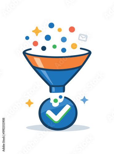 Attention filtering and prioritization of information in high-noise digital environments improving decision making, a funnel combined with small scattered dots and a