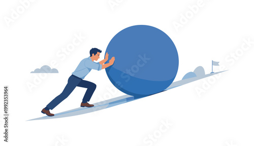 A team member maintaining focus and energy while working toward shared objectives, illustrated by a person pushing a large circular shape forward along a clean path,