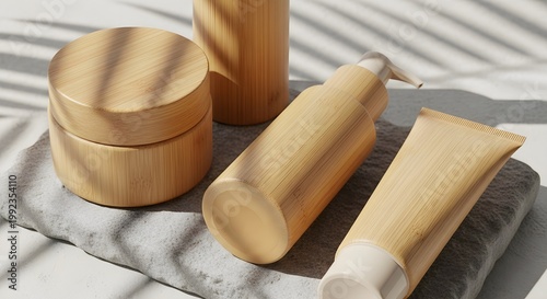 Eco-Friendly Bamboo Cosmetic Packaging Set on Natural Stone with Palm Leaf Shadows
