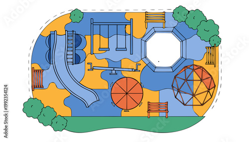 Colorful modern playground plan with swings slide and climbing dome during daytime