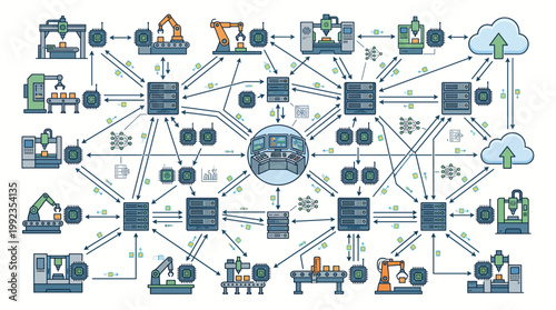 A complex network diagram with various icons.