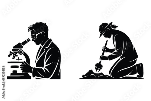 Scientist with microscope and archaeologist digging scientist microscope
