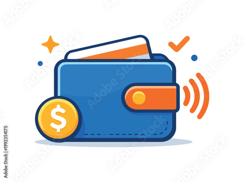 Digital payments and modern transactions illustrated as a fintech scenario, a wallet icon combined with a small contactless wave symbol representing seamless payments and