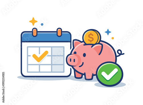 Retirement planning focused on long-term financial security and life stability after a professional career, a calendar combined with a piggy bank and a small checkmark