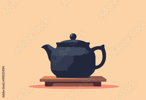crisp 2D Tetsubin cast iron kettle kettle is flat, matte black silhouette subtle dotted texture pattern, sitting flat wooden trivet Minimalist heavy Vast negative space No text