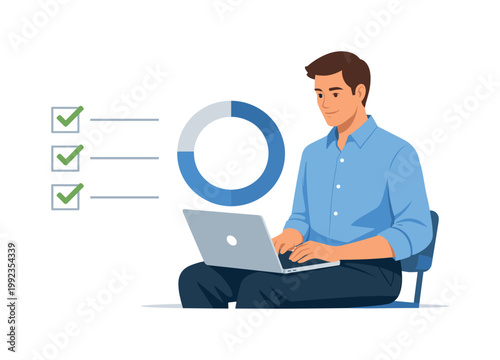 A professional maintaining consistent digital habits during daily work, seated with a laptop while interacting with a simple checklist and circular progress symbol beside