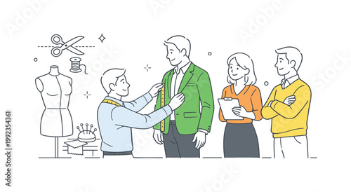 A bespoke clothing service environment where a tailor works closely with a client to ensure perfect garment fit, illustrated by a small group gathered near a simple