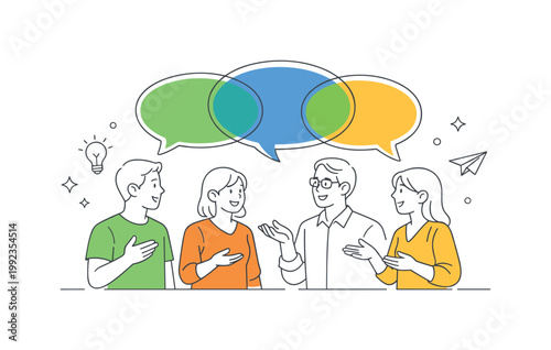 People exchanging information and ideas in everyday personal and professional interactions to build understanding and collaboration, illustrated through a clear metaphor