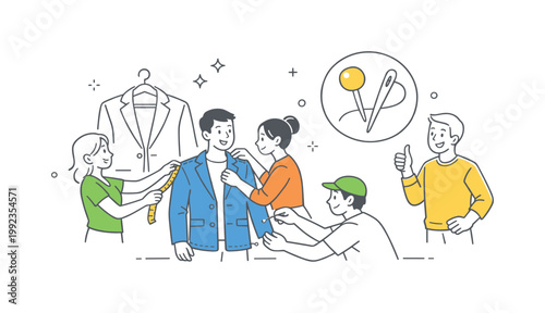 A clothing adjustment process where individuals refine garment fit for comfort and style, visualized by a small group interacting near a simple jacket and pin symbol