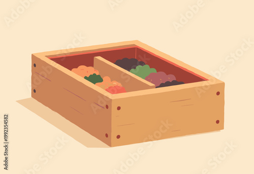 flat graphic traditional tiered wooden Bento box, viewed slightly from angle but rendered strict flat colors no perspective distortion compartments inside are completely empty Warm wood tones No text