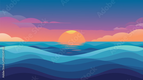 Ocean waves at sunset in vibrant gradient colors with stylized clouds for travel and nature backgrounds.
