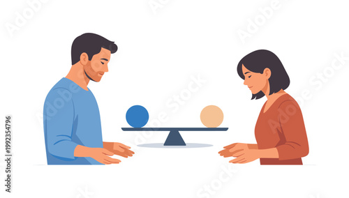 A moment of conflict transitioning toward resolution in a calm environment, depicted as two people lowering their gestures while a simple balanced element appears between