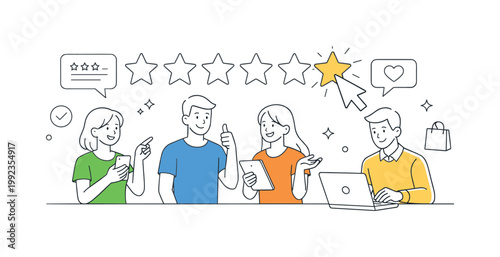 Customer feedback and product evaluation in a business or e-commerce context where users assess quality and share their experience, represented by a clear visual metaphor