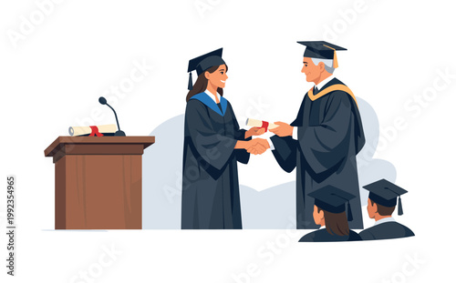 A graduation ceremony scene where a graduate receives a diploma on stage, reflecting formal recognition, achievement, and future opportunities in an academic environment,