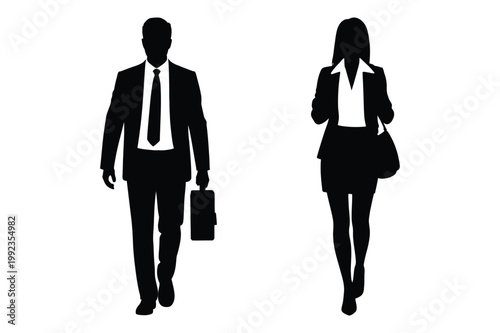 Silhouette of a businessman and businesswoman walking with business, briefcase