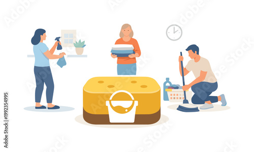 Household organization and daily chores theme where simple tools support efficient and consistent cleaning habits in a modern lifestyle, represented by a sponge combined