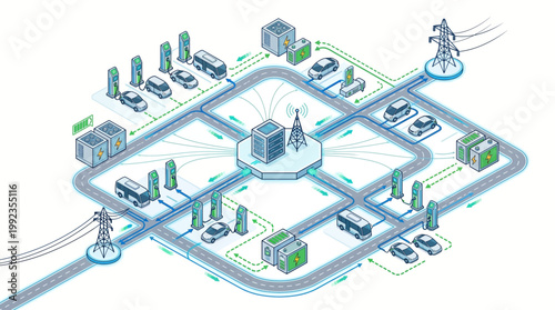 Smart city infrastructure with 5G network and data exchange.
