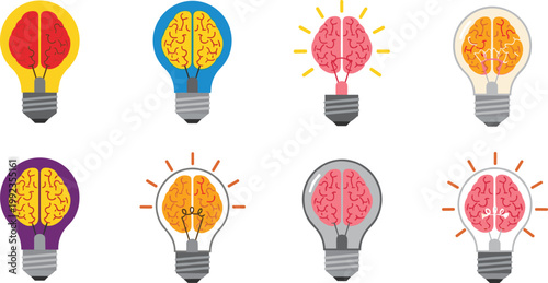 Colorful Brain Inside Light Bulb Vector Illustration Set Representing Creative Thinking Intelligence Innovation and Smart Idea Concept for Business and Education Design