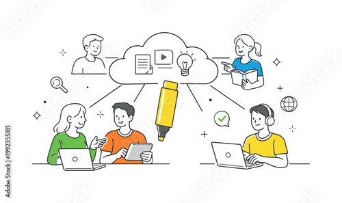 A digital knowledge platform scenario where users contribute and access shared information within an online system, depicted through a simple scene with a cloud connected