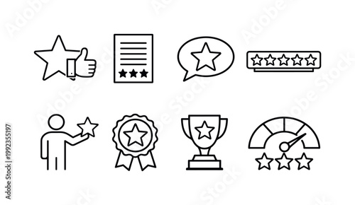 Customer rating system: star with thumbs up, review document with stars, feedback speech bubble with star, rating bar stars, user giving star, quality badge star, service