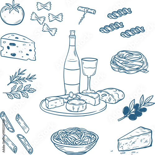 Italian Food Icon Set – Minimal Hand-Drawn Line Art Collection with Pasta, Wine, Cheese, Olive Branch and Mediterranean Cuisine Elements