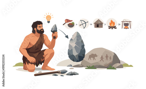 Human evolution and prehistoric development concept illustrating the origins of daily life and the progression of basic tools and habits in early societies, visualized