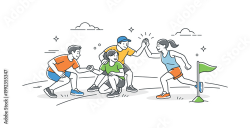 Sports activity teamwork concept featuring individuals participating in a coordinated group sport and supporting each other during play, using a field setup and a single