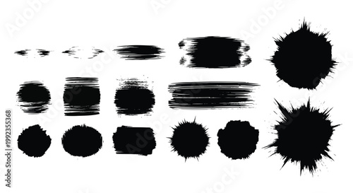 Black brush strokes, ink splatters, and smudges. Vector set of 13 grunge textures and effects. Graphic design elements.