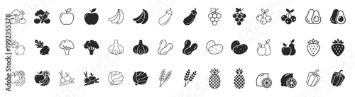 Fruit variety food set outline icon on transparent background