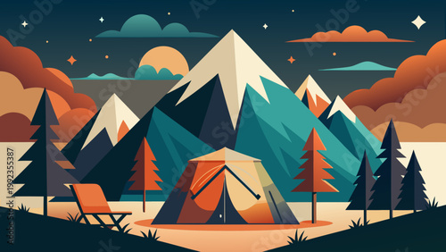 Mountain campsite with tent in flat design style with warm twilight lighting for outdoor adventure illustration