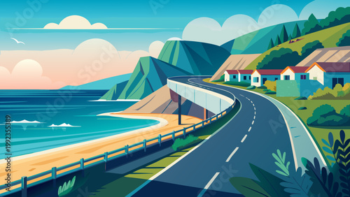 Coastal highway with ocean view in bright daylight for travel and adventure.