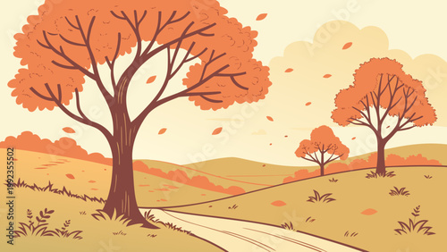 Autumn landscape with trees and rolling hills in warm orange and yellow tones with falling leaves for seasonal backgrounds.