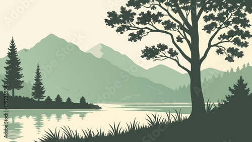 Landscape illustration with lake and mountains in muted green tones with flat design for nature background.