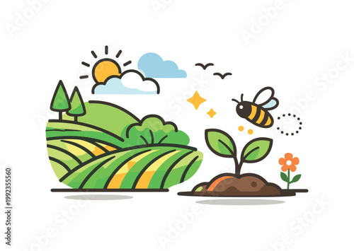 Agroecology and biodiversity conservation in a rural environment highlighting coexistence of crops and natural habitats, a cultivated field combined with a small bee and
