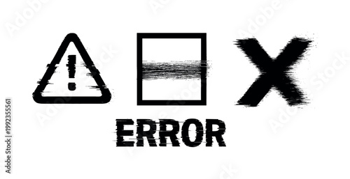 System error and interface failure theme, a set of 3 glitch-distorted monochrome objects placed on a perfectly clean white background, each object exhibiting its own