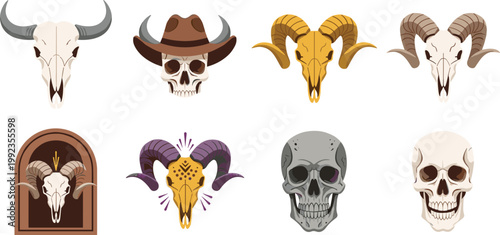 Western skull and animal skull cartoon set with bull, ram, cowboy hat, human skull, and decorative horn designs on white background