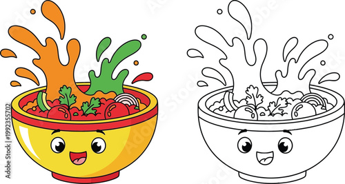 Cute Cartoon Salsa Bowl with Splashing Sauce and Happy Face Mexican Food Character.