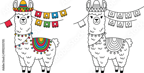 Cute Cartoon Llama with Mexican Fiesta Decorations Sombrero and Colorful Flags Adorable Alpaca Character for Kids