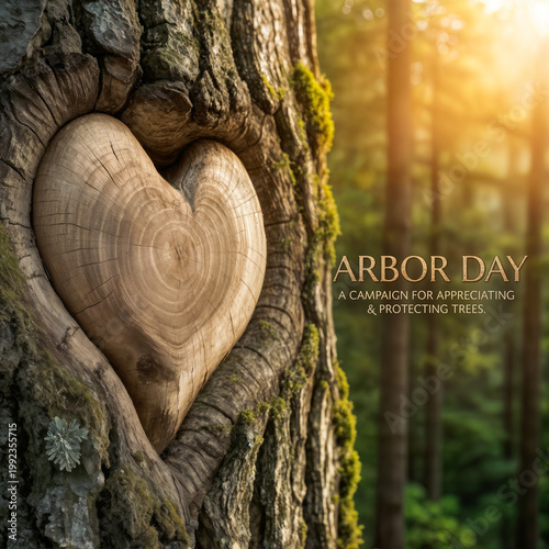 Tag des Baumes Plakat mit Herz aus Holz in Baumrinde im Wald bei Sonnenlicht