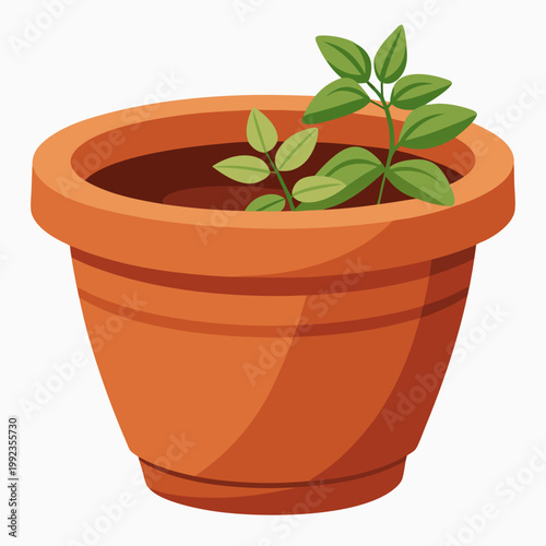 Round terracotta pot with green plant illustration