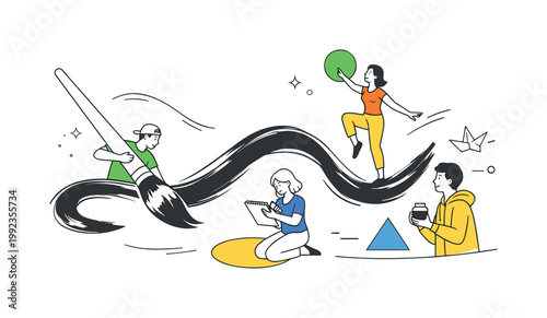 Creative expression and artistic experimentation in a modern design context where individuals explore traditional techniques in a contemporary way, represented by a clear