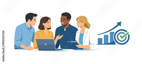 A team aligning performance goals during a collaborative review discussion, gathered near a laptop while interacting with a simple upward trend alignment symbol beside it