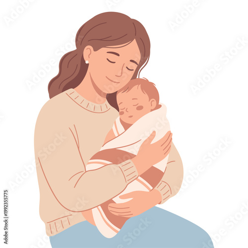Mother Holding Sleeping Baby Calm Cute Flat Mothers Day Vector Illustration