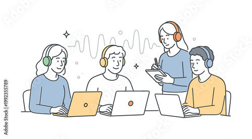 Creative work and focus in a professional or personal setting where individuals use headphones to concentrate and enhance productivity, illustrated by a workspace