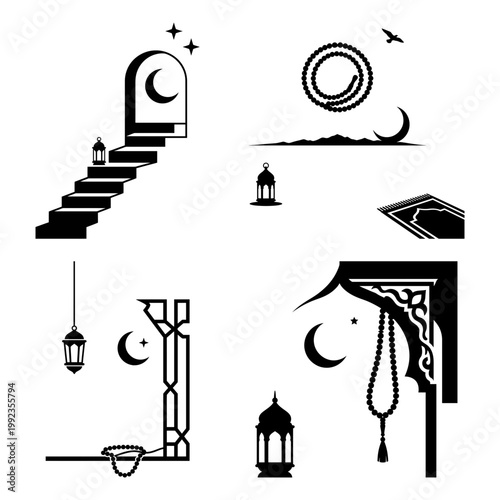 Arch stair and tasbih silhouette icon bundle